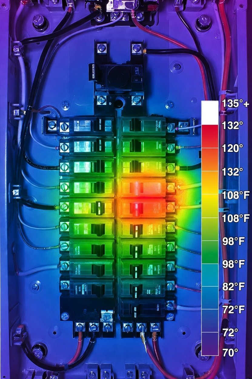 Thermal image of electrical circuit breaker panel showing temperature gradient from cool blue at top to hot red at bottom, ranging from 70°F to 135°F